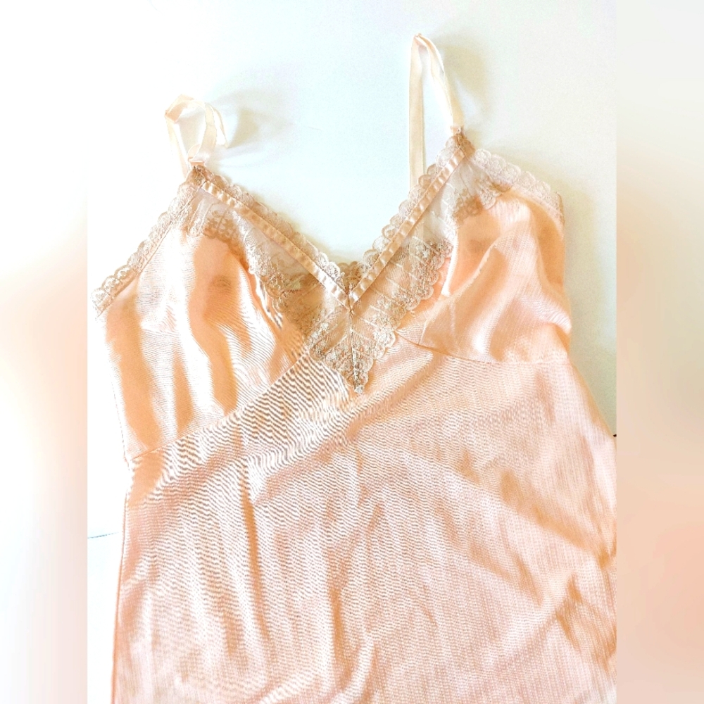 Vintage Boudoir 60s‎ 70s Sheer Pale Pink & Beige Slip Dress/Nightgown size 36